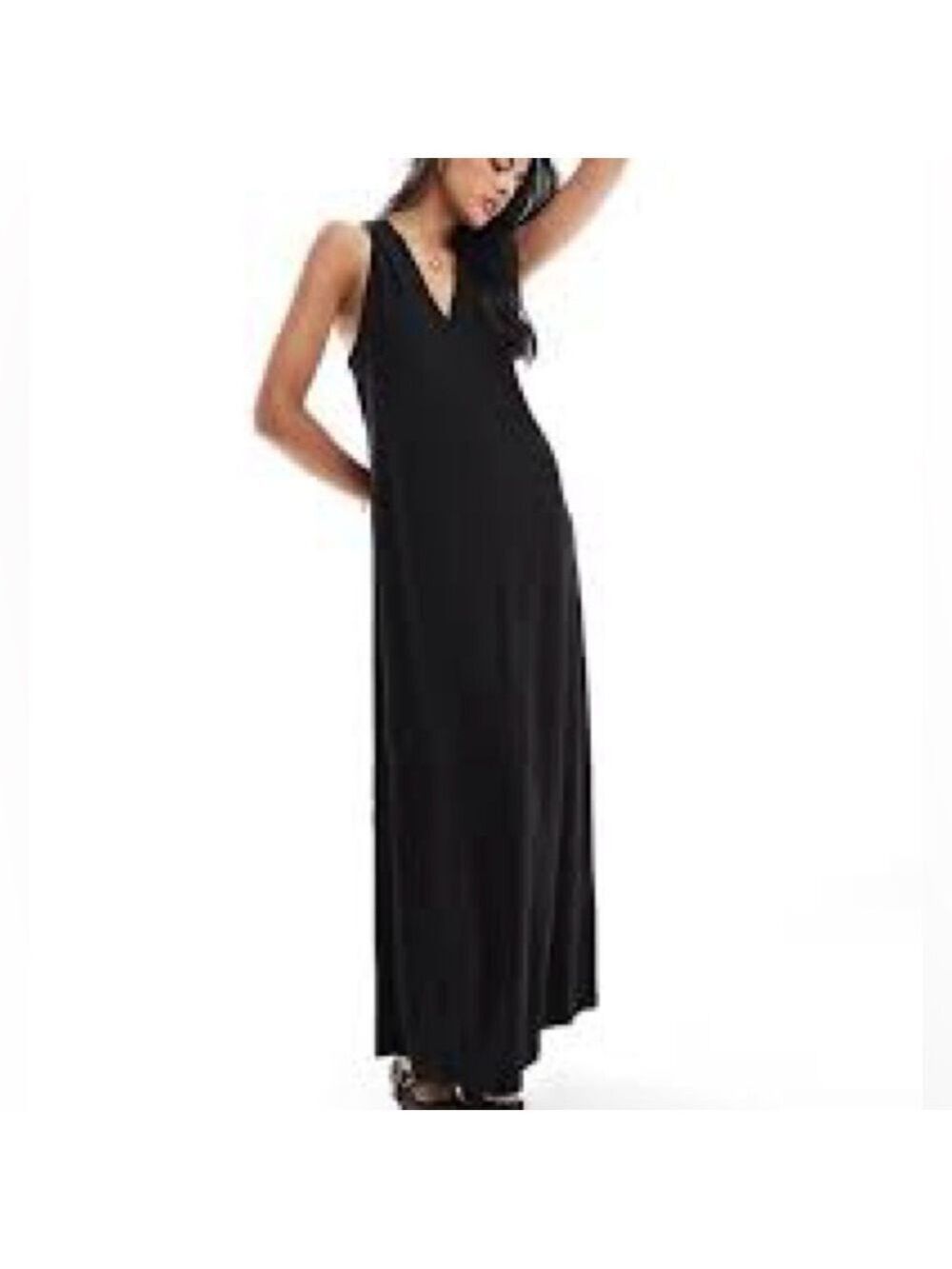 Lovestitch Black Sleeveless V-Neck Collared Pockets Loose Boho Maxi Dress, S